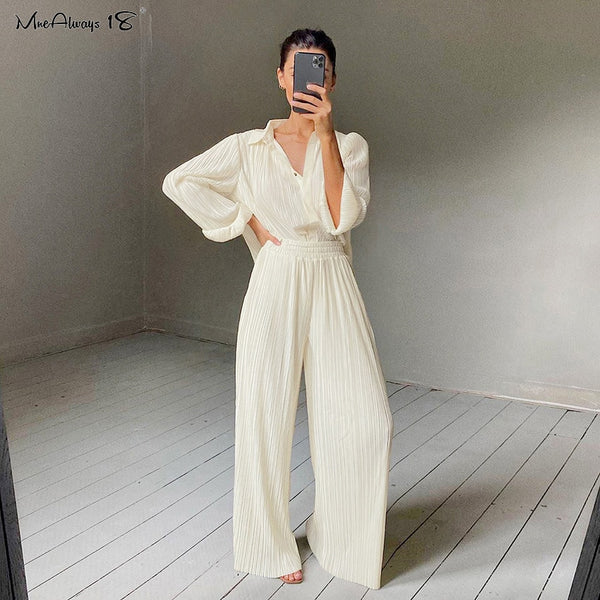 Mnealways18 Beige Pleated Wide Leg Pants Womens Pants Fashion 2022 Casual Loose Trousers Office Lady Elegant Long Palazzo Pants