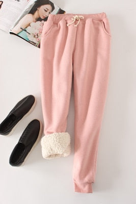 Winter Lambskin Thicker Elastic Waist Pants Loose Large Size Solid Color Cotton Harem Pants Women Casual Warm Trousers MZ1955