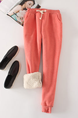 Winter Lambskin Thicker Elastic Waist Pants Loose Large Size Solid Color Cotton Harem Pants Women Casual Warm Trousers MZ1955