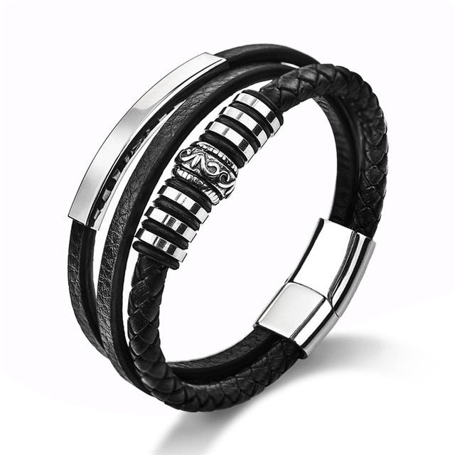 Jiayiqi Fashion Leather Bracelet for Men Black Braid Multilayer Rope Chain Stainless Steel Magnetic Clasp Male Jewelry Gifts