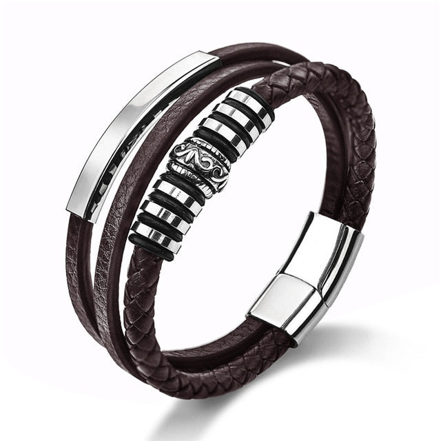 Jiayiqi Fashion Leather Bracelet for Men Black Braid Multilayer Rope Chain Stainless Steel Magnetic Clasp Male Jewelry Gifts