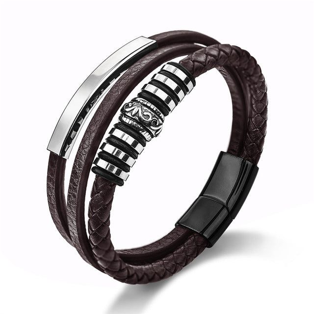 Jiayiqi Fashion Leather Bracelet for Men Black Braid Multilayer Rope Chain Stainless Steel Magnetic Clasp Male Jewelry Gifts