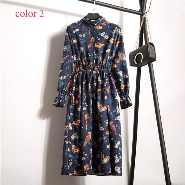 Corduroy High Elastic Waist Vintage Dress A-line Style Women Full Sleeve Flower Plaid Print Dresses Slim Feminino 18 Colors