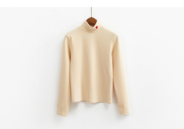 Sping Style Fashion Women Striped Harajuku Candy Colors Hearts T Shirt Kawaii Cotton Turtleneck Casual Tee Lady Cute Tops TS030