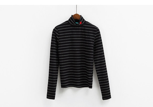 Sping Style Fashion Women Striped Harajuku Candy Colors Hearts T Shirt Kawaii Cotton Turtleneck Casual Tee Lady Cute Tops TS030