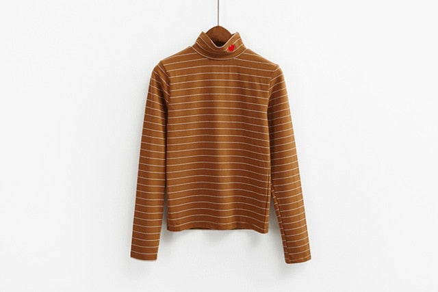 Sping Style Fashion Women Striped Harajuku Candy Colors Hearts T Shirt Kawaii Cotton Turtleneck Casual Tee Lady Cute Tops TS030