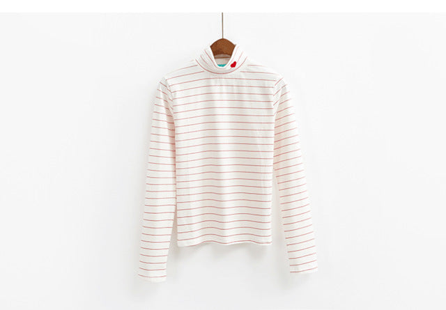 Sping Style Fashion Women Striped Harajuku Candy Colors Hearts T Shirt Kawaii Cotton Turtleneck Casual Tee Lady Cute Tops TS030