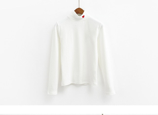 Sping Style Fashion Women Striped Harajuku Candy Colors Hearts T Shirt Kawaii Cotton Turtleneck Casual Tee Lady Cute Tops TS030