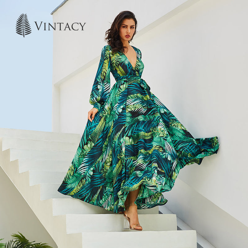 Vintacy Long Sleeve Dress Green Tropical Beach Vintage Maxi