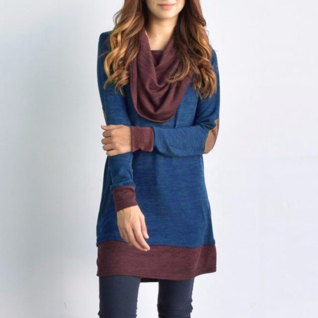 2018 New Women Long Sleeve Patchwork Pullover Elbow Patches Cowl Neck Femme Long Tops Casual Spring Autumn Blouse Shirts Thin