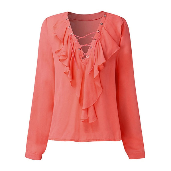 Celmia Womens Summer Blouse 2018 Chiffon Blouse Sexy Top Lace Up V Neck Ruffle Long Sleeve Shirt Casual Plus Size Blusa Feminina