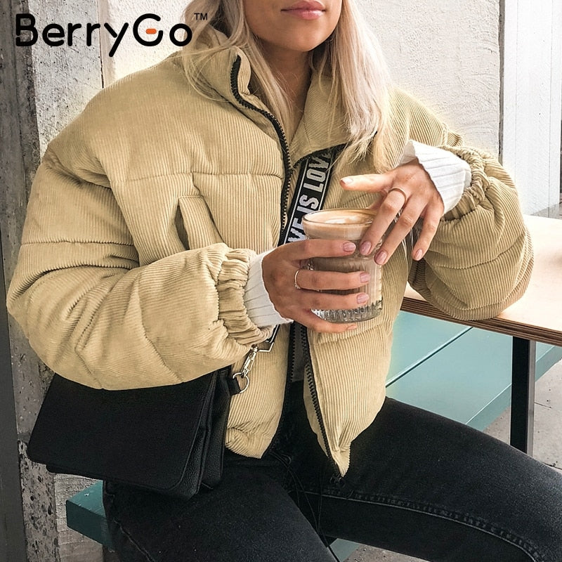 BerryGo Casual corduroy thick parka overcoat Winter warm fashion outerwear coats Women 2018 khaki streetwear jacket coat female