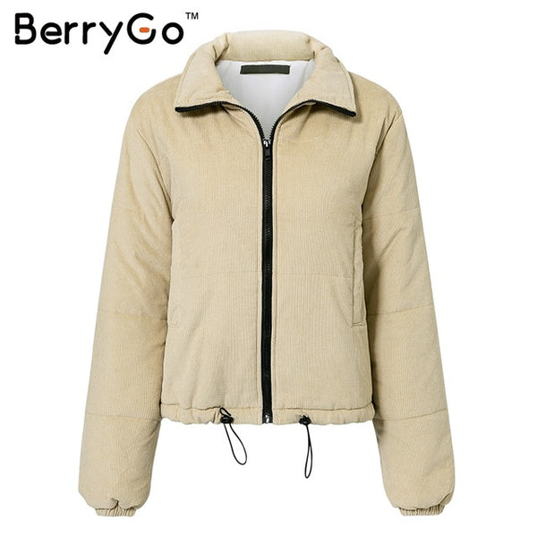 BerryGo Casual corduroy thick parka overcoat Winter warm fashion outerwear coats Women 2018 khaki streetwear jacket coat female