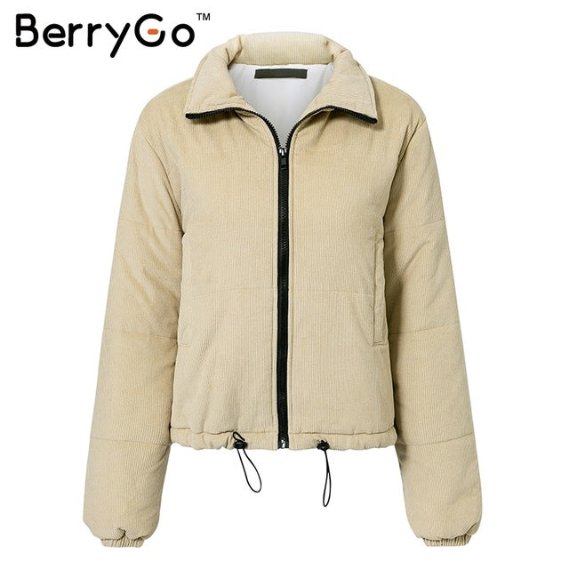 BerryGo Casual corduroy thick parka overcoat Winter warm fashion outerwear coats Women 2018 khaki streetwear jacket coat female