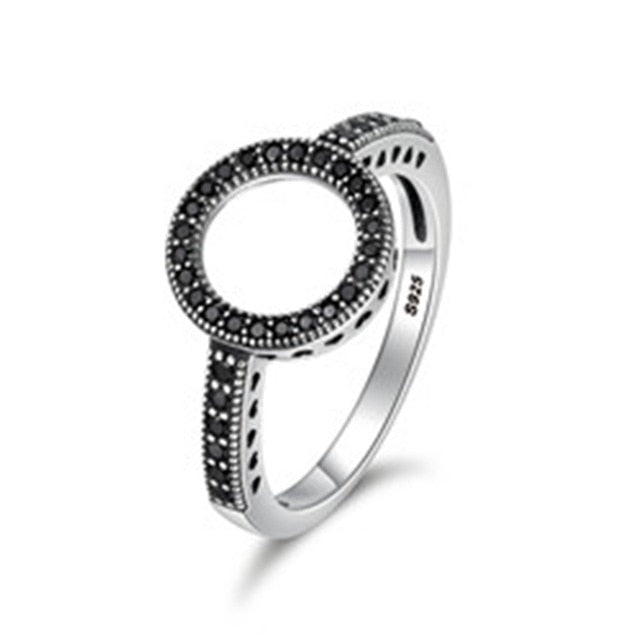 BAMOER 100% Genuine 925 Sterling Silver Forever Clear Black CZ Circle Round Finger Rings for Women Jewelry Christmas Gift SCR041