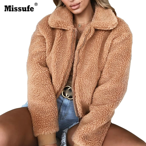 Missufe Plush Warm Women Coats 2018 Streetwear Coat Solid Winter Casual Turn Down Collar Female Autumn Jackets