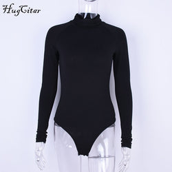 Hugcitar cotton long sleeve high neck skinny bodysuit 2018 autumn winter women black gray solid sexy body suit