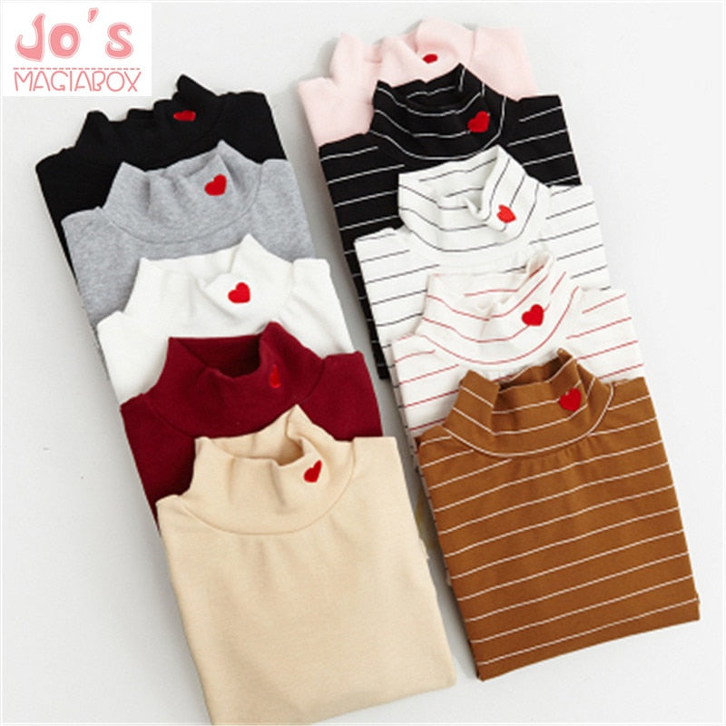 Sping Style Fashion Women Striped Harajuku Candy Colors Hearts T Shirt Kawaii Cotton Turtleneck Casual Tee Lady Cute Tops TS030