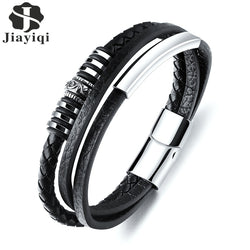 Jiayiqi Fashion Leather Bracelet for Men Black Braid Multilayer Rope Chain Stainless Steel Magnetic Clasp Male Jewelry Gifts