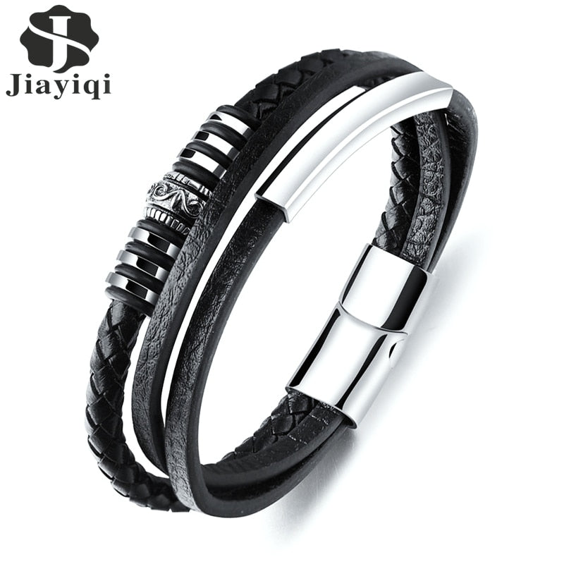 Jiayiqi Fashion Leather Bracelet for Men Black Braid Multilayer Rope Chain Stainless Steel Magnetic Clasp Male Jewelry Gifts