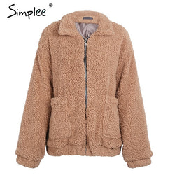 Simplee Faux fur lambswool oversized jacket coat Winter black warm hairly jacket Women autumn ladies outerwear female overcoat