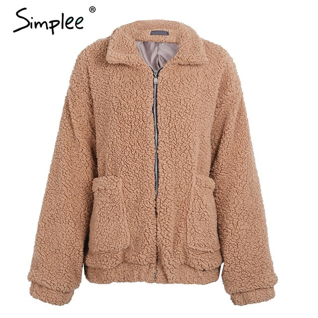 Simplee Faux fur lambswool oversized jacket coat Winter black warm hairly jacket Women autumn ladies outerwear female overcoat
