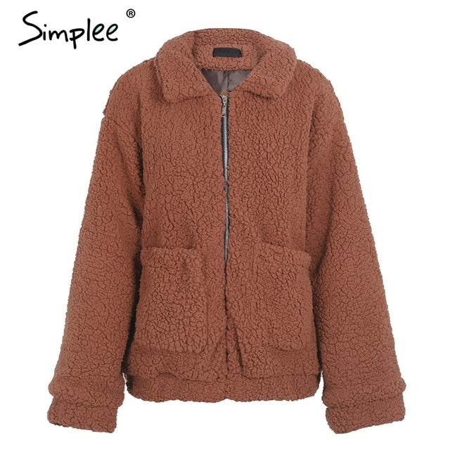 Simplee Faux fur lambswool oversized jacket coat Winter black warm hairly jacket Women autumn ladies outerwear female overcoat