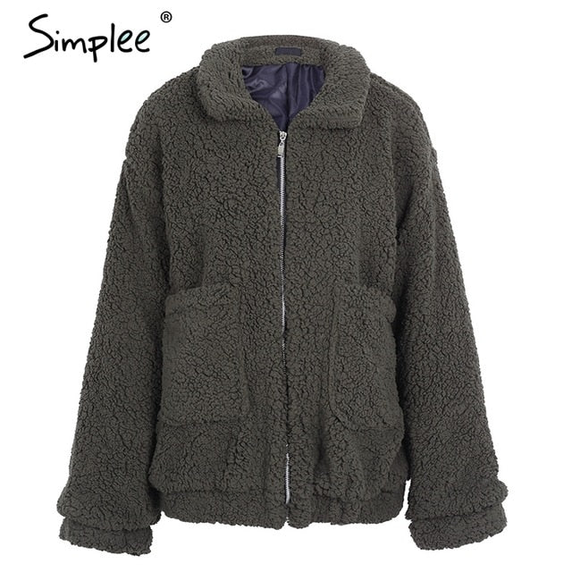 Simplee Faux fur lambswool oversized jacket coat Winter black warm hairly jacket Women autumn ladies outerwear female overcoat