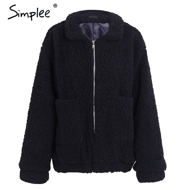 Simplee Faux fur lambswool oversized jacket coat Winter black warm hairly jacket Women autumn ladies outerwear female overcoat