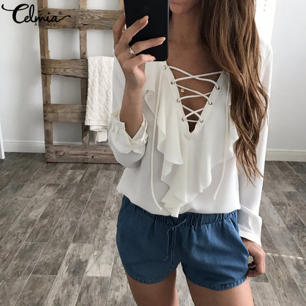 Celmia Womens Summer Blouse 2018 Chiffon Blouse Sexy Top Lace Up V Neck Ruffle Long Sleeve Shirt Casual Plus Size Blusa Feminina