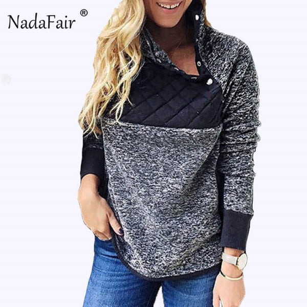 Nadafair winter turtleneck faux fur hoodies women autumn button patchwork warm soft plush sweatshirts oversized hoodie tops