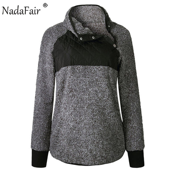 Nadafair winter turtleneck faux fur hoodies women autumn button patchwork warm soft plush sweatshirts oversized hoodie tops