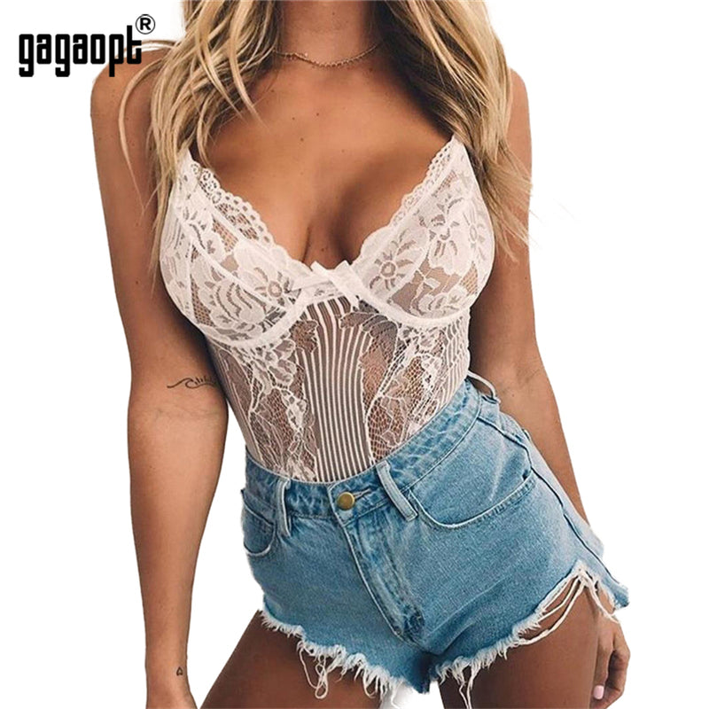 Gagaopt Sexy Bodysuit Women 2018 Autumn Bow Tie Floral Embroidery Hollow Out Lace Bodysuit Black White Jumpsuit Overalls