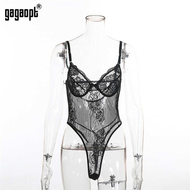 Gagaopt Sexy Bodysuit Women 2018 Autumn Bow Tie Floral Embroidery Hollow Out Lace Bodysuit Black White Jumpsuit Overalls