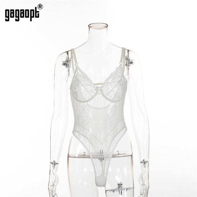 Gagaopt Sexy Bodysuit Women 2018 Autumn Bow Tie Floral Embroidery Hollow Out Lace Bodysuit Black White Jumpsuit Overalls