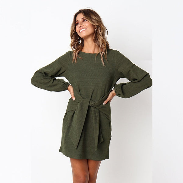 2019 Spring Summer Dress Fashion Women Casual Loose Elegant Dress Long Sleeve O-Neck Sexy Black White Dress With Belt Vestidos